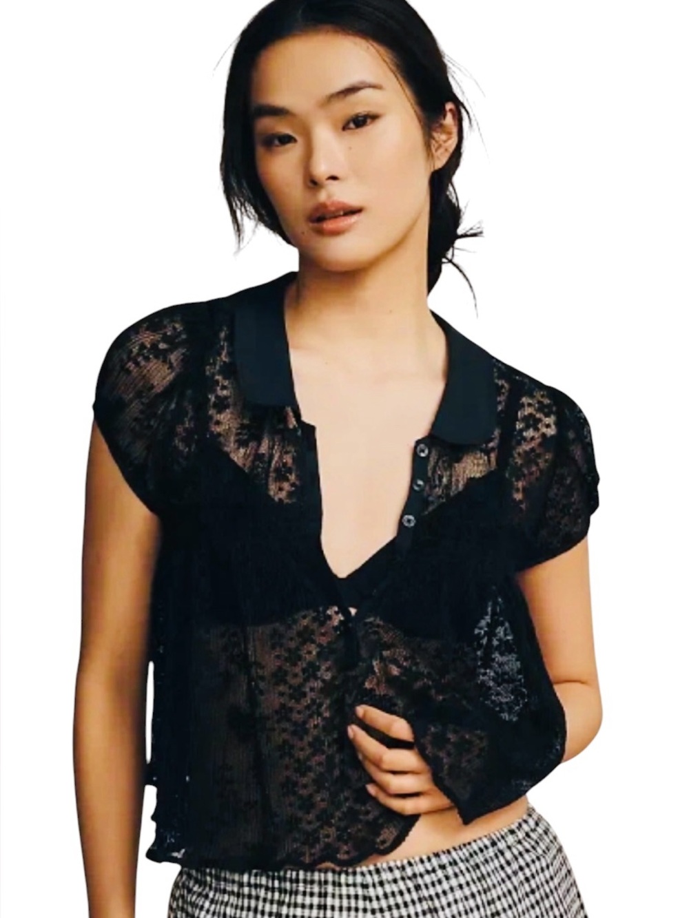 MAEVE Sheer Lace Babydoll Blouse .